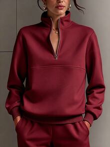 SHEIN EZwear 女款素色休閒百搭日常長袖運動衫 - 玫紅色 - 查看 4
