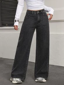 SHEIN PETITE Women's Casual Versatile Daily Travel Denim Jeans With Pockets And Buttons - Dark Grey - View 3