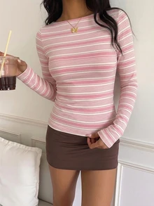 CovetEZ 休閒極簡風粉色不對稱條紋 95% 棉全印花女款圓領長袖 T 恤，適合初秋，百搭疊穿 - 彩色 - 查看 5