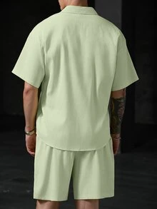 Genlund 男士條紋短袖襯衫與短褲休閒日常穿搭 - 綠色 - 查看 2