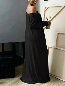 INAWLY Solva Gaun Wanita Serbaguna Minimalis Warna Polos dengan Bahu Asimetris untuk Liburan - Hitam - View 4
