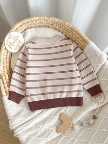 SHEIN 嬰兒/幼兒（男孩）卡其棕條紋毛衣，翻領、長袖、拼色設計，適合春季、秋季、冬季及秋冬季節 - 卡其色 - 查看 2