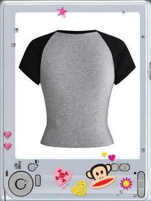 Paul Frank X ROMWE 亞文化女孩休閒聯名 I Love 印花落肩袖女款修身 T 恤 - 灰色 - 查看 2