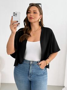 SHEIN Essnce 休閒黑色紋理布料大尺碼女款短袖輕便夾克 - 黑色 - 查看 4