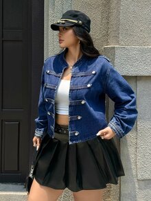 Rivivi Summer New Button-Down Loose Fit Plus Size Denim Jacket - Blue - View 5