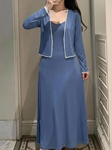 DAZY 2pcs/Set Women's Lace Patchwork Solid Color Long Sleeve Cardigan & Sleeveless Spaghetti Strap Long Dress Pajama Set Fall - Blue - View 5