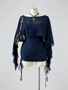 Sunspun Set 2 Potong Atasan Transparan dan Gaun Cami Ketat dengan Tali Serut untuk Musim Semi/Panas Ukuran Besar - Navy Blue - View 5
