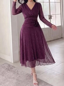 Feyla Women's V-Neck 3D Floral Decor Casual Elegant Party Dinner Date Diner Long Dress Wedding Dark Purple Autumn - Purple - View 4