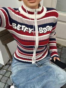 Betty Boop x DAZY Curve Contrast Color Patchwork Striped Letter Jacquard Long Sleeve Street Casual Slim Fit Blogger Autumn/Winter Sweater Cardigan - Multicolor - View 7