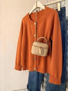 SHEIN LUNE CURVE Plus Size Women's Solid Color Casual Versatile Daily Wear Cardigan - Orange - View 1
