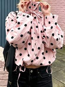 Pariaura Soft Pink Black Polka Dot Stand Collar Tie Waist Short Loose Long Sleeve Shacket - Multicolor - View 5