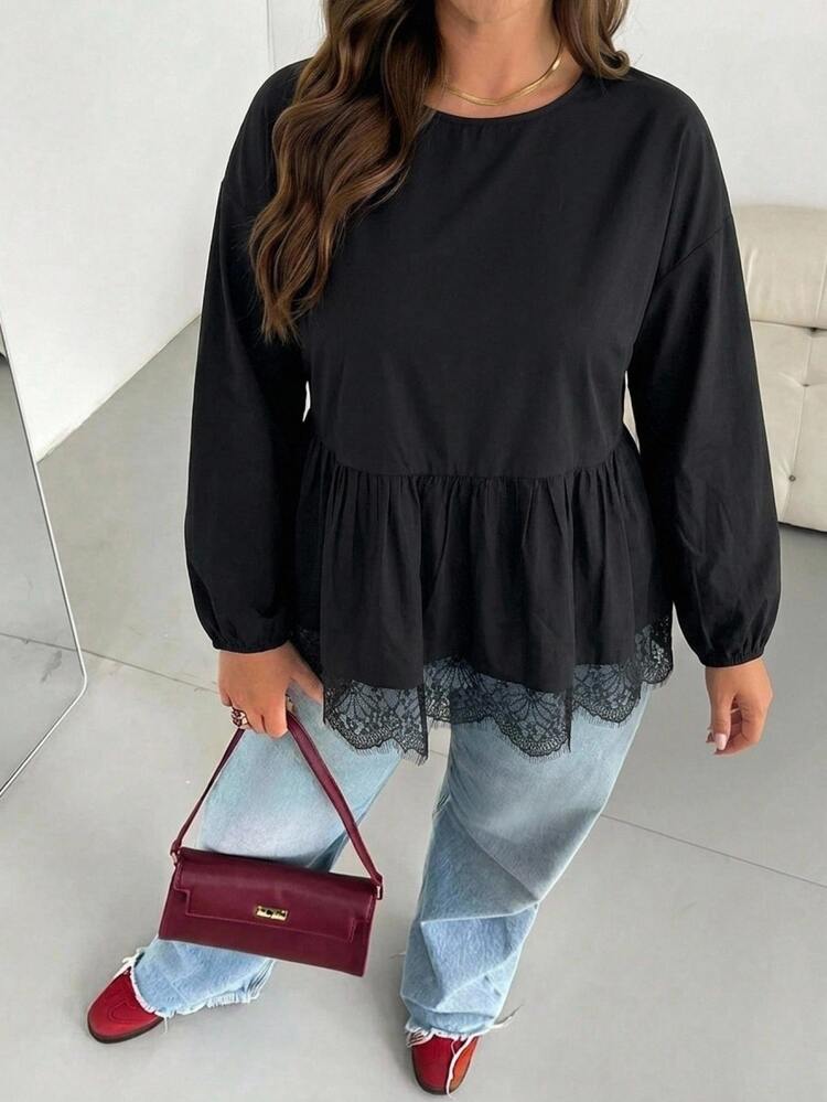 Shapeblank Casual Plus Size Black Long Sleeve Round Neck Shirt, Suitable For Autumn, Black Top, Party, Date, New Year Outfit, Halloween Costume - Black - View 4