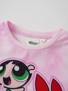 THE POWERPUFF GIRLS X SHEIN 少女卡通印花短袖T恤 - 粉色 - 查看 3