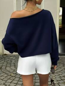 SHEIN EZwear 純色落肩短版運動衫 - 藏蓝色 - 查看 2