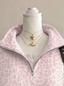SHEIN EZwear 經典粉色豹紋半拉鍊女款運動衫，棕色調，秋季休閒街頭風，適合多種場合，Y2K復古風格，返校季秋冬上衣 - 彩色 - 查看 3