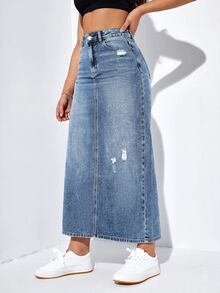 SHEIN EZwear 女款休閒百搭牛仔裙，附口袋、鈕扣與破洞設計 - 中等水洗藍 - 查看 4