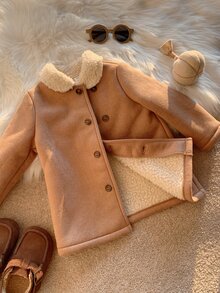 SHEIN 男女嬰兒/幼兒秋冬保暖內裡加厚翻領麂皮外套夾克，嬰兒冬季外套，保暖加厚填充外套 - 卡其色 - 查看 7