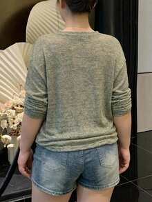 REIGN AVE Floral Yarn Half-Open Front Loose Korean Style Long Sleeve Spring/Autumn New T-Shirt - Army Green - View 2