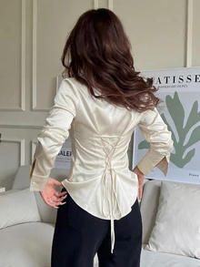 SHEIN EZwear 女款純色休閒性感百搭日常穿著襯衫，適合晚餐、辦公室，奶油色，秋季 - 白色 - 查看 3