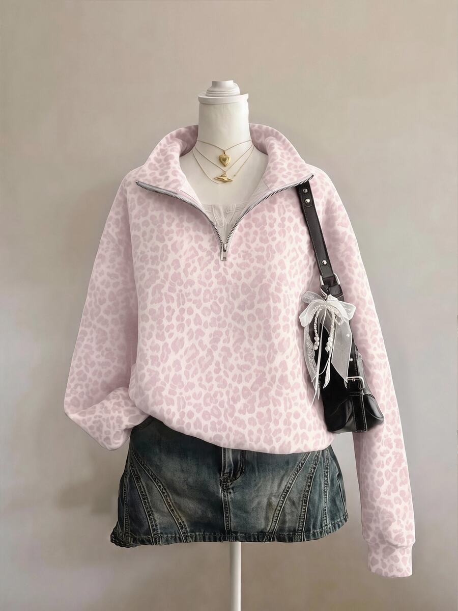 SHEIN EZwear 經典粉色豹紋半拉鍊女款運動衫,棕色調,秋季休閒街頭風,適合多種場合,Y2K復古風格,返校季秋冬上衣 - 彩色 - 查看 1