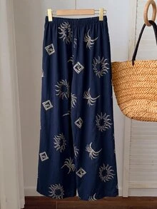 Comfortcana 女款休閒刺繡長褲，適合度假穿著 - 藍色 - 查看 2