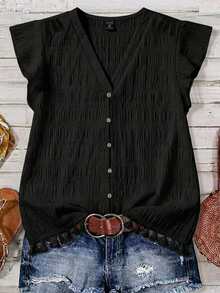 Comfylo Plus Size Women's Solid Color V-Neck Casual Everyday Shirt - Black - View 1
