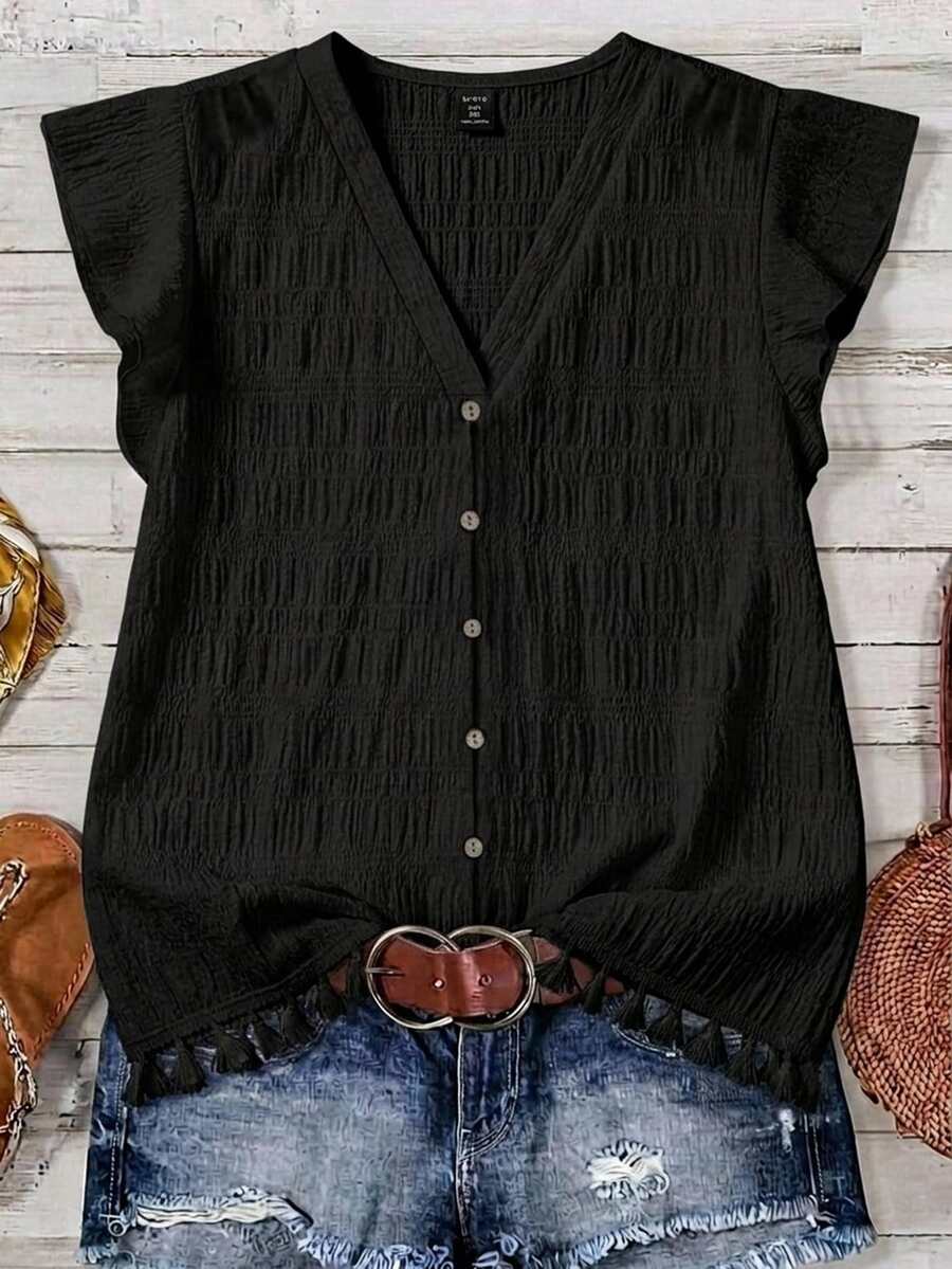 Comfylo Plus Size Women's Solid Color V-Neck Casual Everyday Shirt - Black - View 1