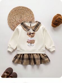 SHEIN Babygirl Cute College Style Casual Cartoon Pattern Collared Autumn Winter Dress - White - View 1