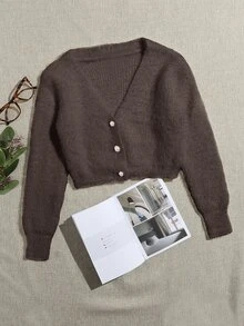 SHEIN Unity 女款素色休閒百搭日常開襟衫 - 棕色 - 查看 3