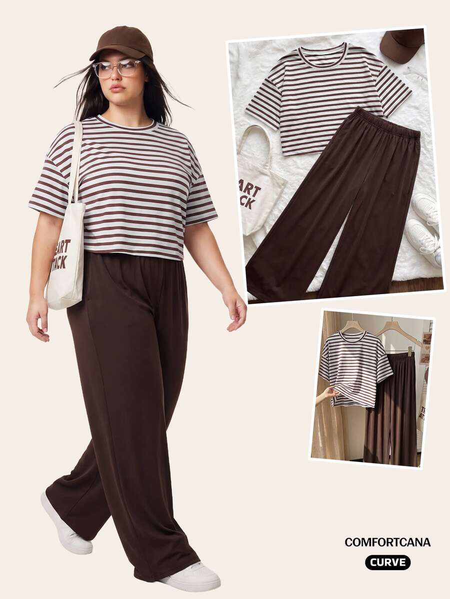 CovetEZ Plus Size Summer Red Striped T-Shirt And Long Pants Casual 2 Pieces Set - Brown - View 1