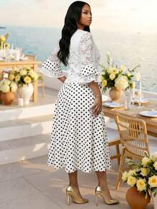SHEIN Lady Set 2 Potong Busana Wanita: Gaun Polkadot dan Kardigan Lengan Panjang - Hitam dan Putih - View 2