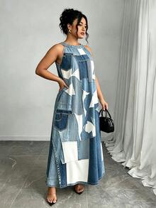 SHEIN Plus Size Women's Colorblock Casual Everyday Summer Travel Dress - Blue - View 3
