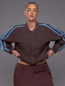 Voyena Women's Plus Size Color Block Striped Sports Jacket - Coffee Brown - View 2