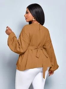 SOLERSUN Women's Plus Size Fashion Solid Color Loose Casual Outing Deep Pleated Bat Sleeve Long Sleeved Shirt Loose Casual Shirt Tops,Crop Tie Back Blouse Women's Solid Color Round Neck Belted Long Sleeve Blouse Autumn/Winter Women Clothes - Khaki - View 2