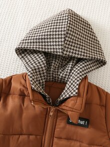 SHEIN معطف شتوي مبطن سميك للأطفال والأولاد الصغار، مريح وفضفاض وعملي، بلون سادة متعدد الاستخدامات، بغطاء رأس وسحاب - بني - مشاهدة 3