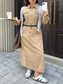 Rivivi Plus Size Women's Khaki Long Sleeve Slim Fit Flattering Denim Dress - Khaki - View 6