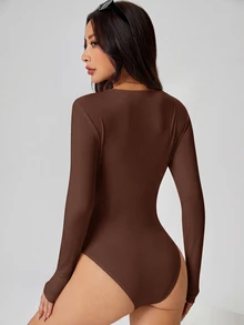 SHEIN PETITE 純色長袖修身白色T恤連身褲 - 棕色 - 查看 8