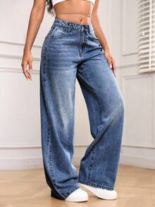 SHEIN PETITE Women's Casual Versatile Daily Travel Denim Jeans With Pockets And Buttons - Medium Wash - View 4