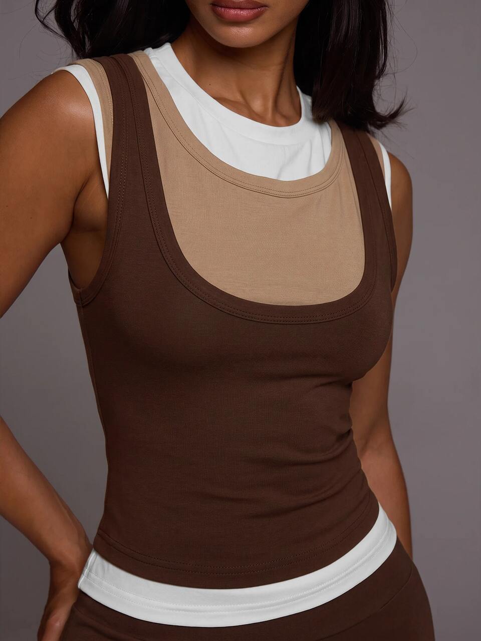 Triple Layered Contrast Colours Scoop Front Cami Layered Fitted Tee Tshirt Lounge Daily Everyday Essentials
