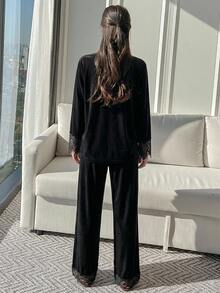 DAZY 女款對比色蕾絲長袖單排扣上衣與長褲居家服套裝 - 黑色 - 查看 2