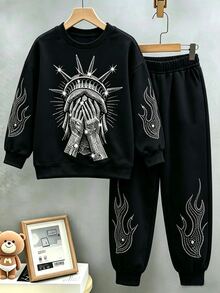 2pcs/Set Teen Boys Faux Rhinestone Statue Of Liberty & Flame Print Sweatshirt And Joggers Set, Crew Neck Long Sleeve Pullover Top + Elastic Waist Ribbed Cuffed Pants, Thickened For Autumn/Winter, American Streetwear Casual Two Pieces Outfit - Multicolor - View 3
