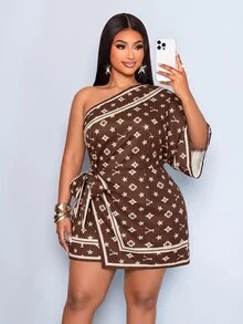 SOLERSUN Plus Size Fashion Commuter All-Over Print Asymmetrical Collar Dress Fall - Brown - View 5