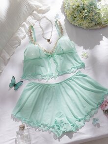 PetitDoll 2件組女款內衣，花卉水溶性刺繡與透視網紗設計 - 薄荷綠 - 查看 5