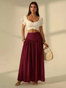 SHEIN Tall Women's Solid Color Pleated Casual Versatile Daily Wear Skirt - Burgundy - View 3