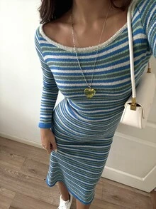 Strévra Women's Striped Colorblock Casual Everyday Knit Dress Fall - Blue - View 6