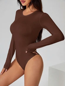 SHEIN PETITE 純色長袖修身白色T恤連身褲 - 棕色 - 查看 6