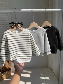 SHEIN 男嬰條紋圖案針織柔軟圓領長袖套頭衛衣 3 件套，百搭舒適 - 彩色 - 查看 3