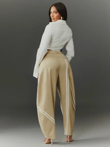 NYA SZN Women's Striped Pocket Loose Casual Curved Leg Pants - Khaki - View 7