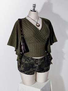 SHEIN ICON 復古 Y2K 軍綠色刷毛羅紋休閒女款大尺碼交叉 V 領黑色 T 恤 - 軍綠色 - 查看 7