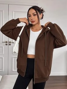 SHEIN EZwear Casual Baggy Sports Brown Open Front Hooded Plus Size Jacket Autumn Going Out Club - Chocolate Brown - View 7